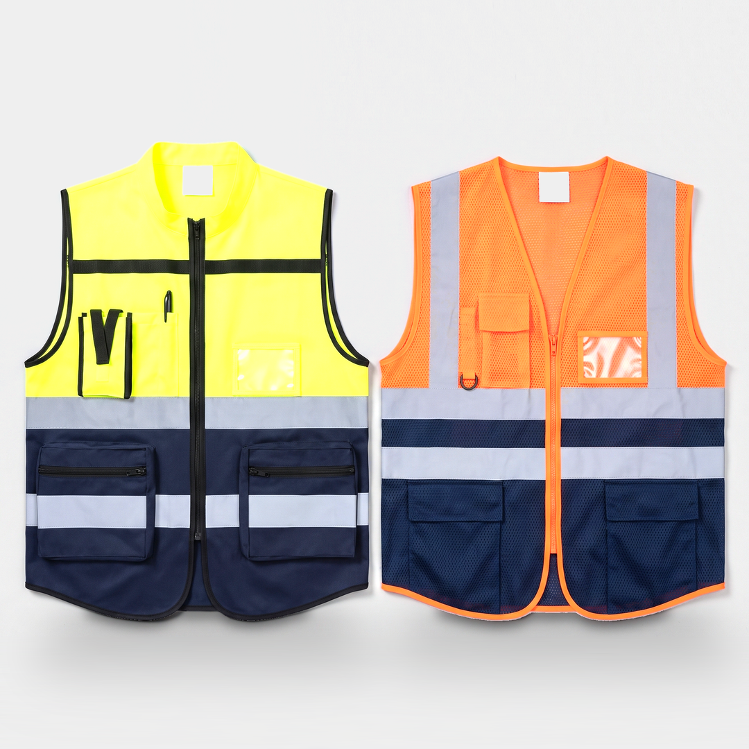 The yellow vest beside the orange mesh vest