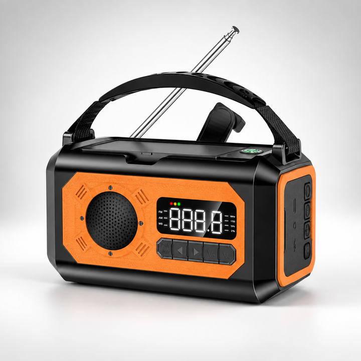 Orange NOAA weather radio with 12000mAh power bank, carry handle and digital display