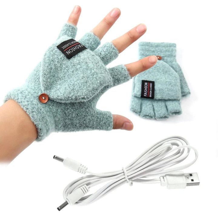 USB heated glove with flip top folded back and the USB cable