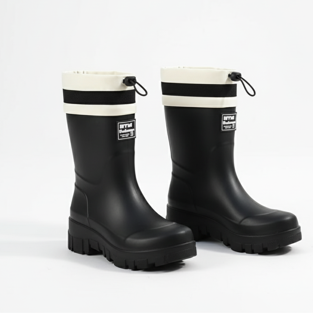 Women's waterproof short rain boots in Black with drawstring cuff and platform lug sole