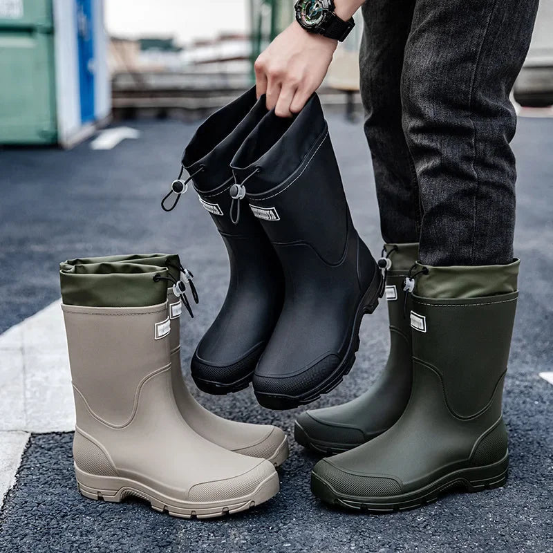 Men's waterproof rain boots in Olive Green, Black and Taupe