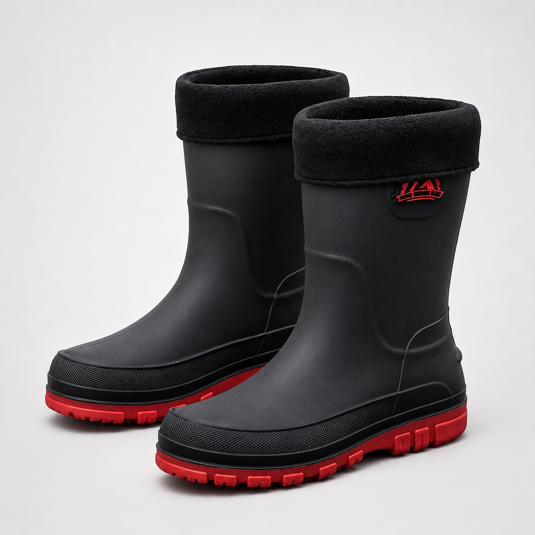 Men's fleece lined wellies in Black / Red, a pair on a light gray background