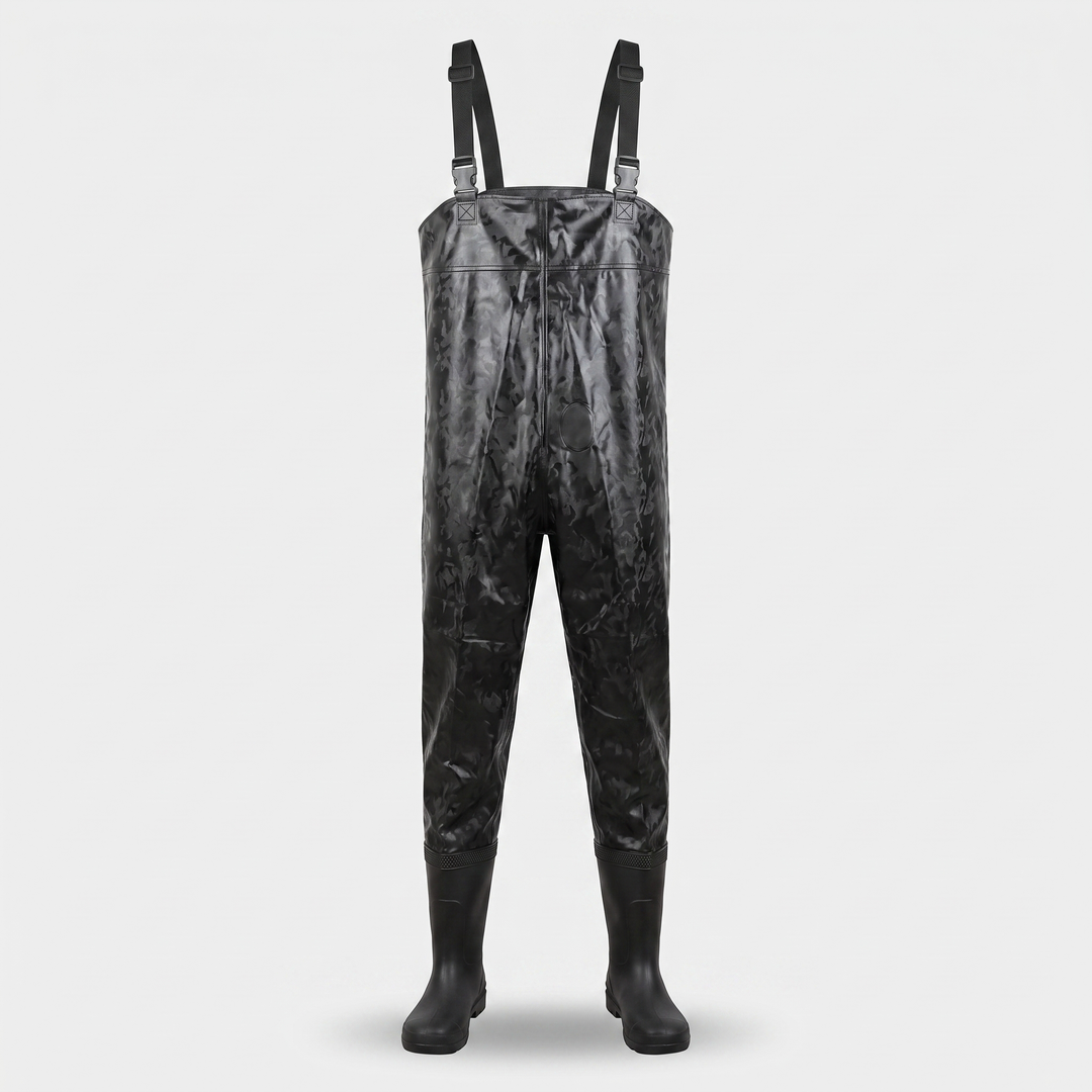 Men's chest waders in Black Camo, front view