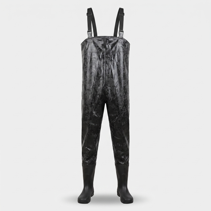 Men's chest waders in Black Camo, front view