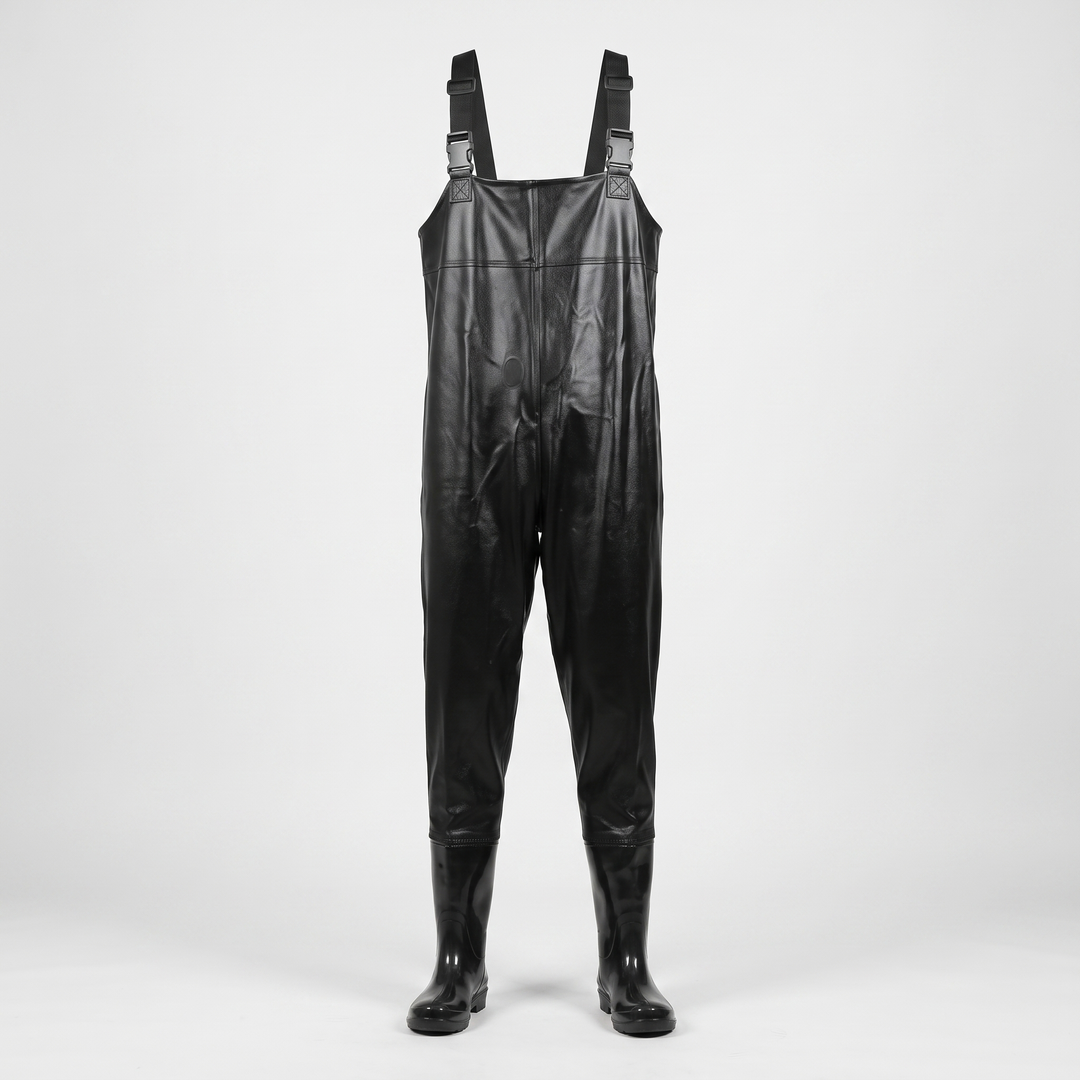 Men's chest waders in Black Leather Grain, front view