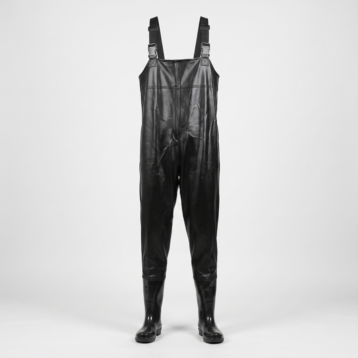 Men's chest waders in Black Leather Grain, front view