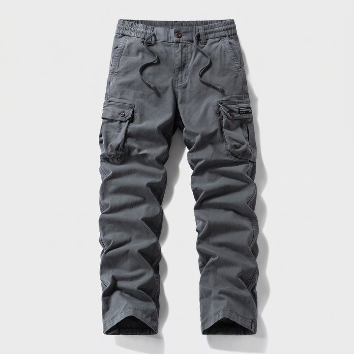Men's cotton cargo pants in gray, front view, elastic drawcord waist with button and zip fly