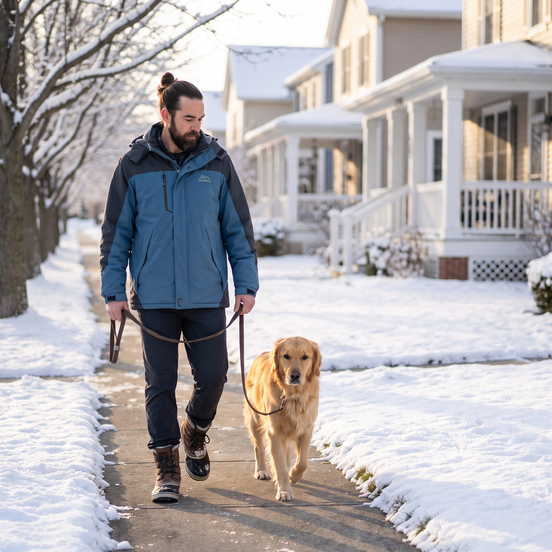Man walking a dog on a snowy sidewalk in the fleece lined winter jacket