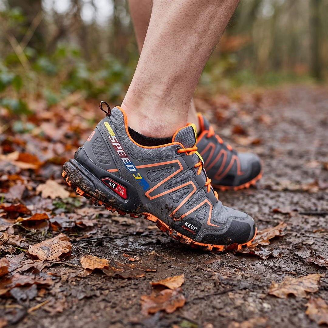 Activearo trail running shoes on rocky outdoor trail in motion