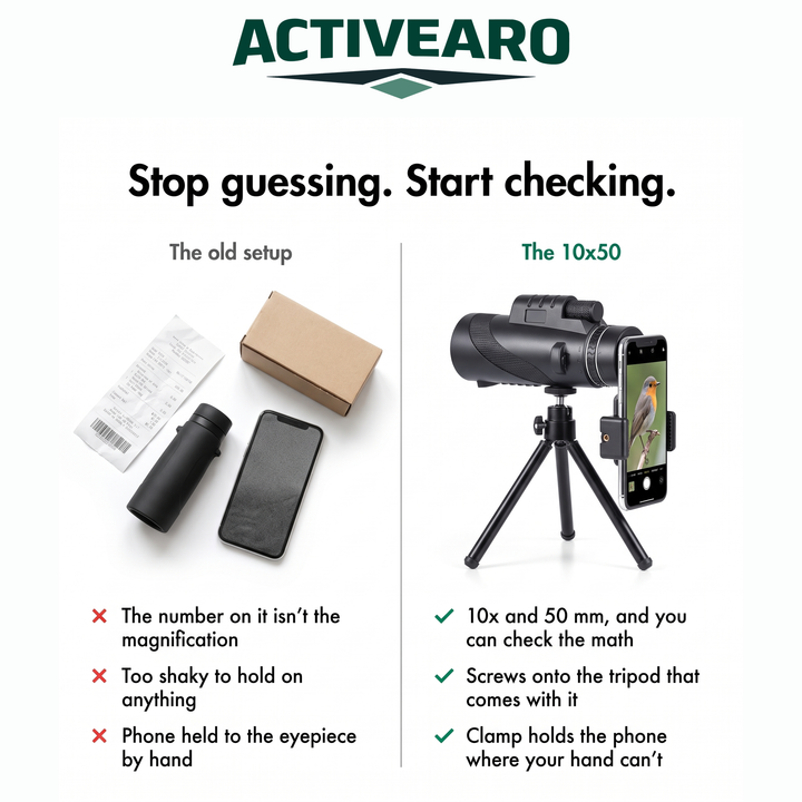 The 10x50 monocular with its tripod and phone clamp compared with an old setup