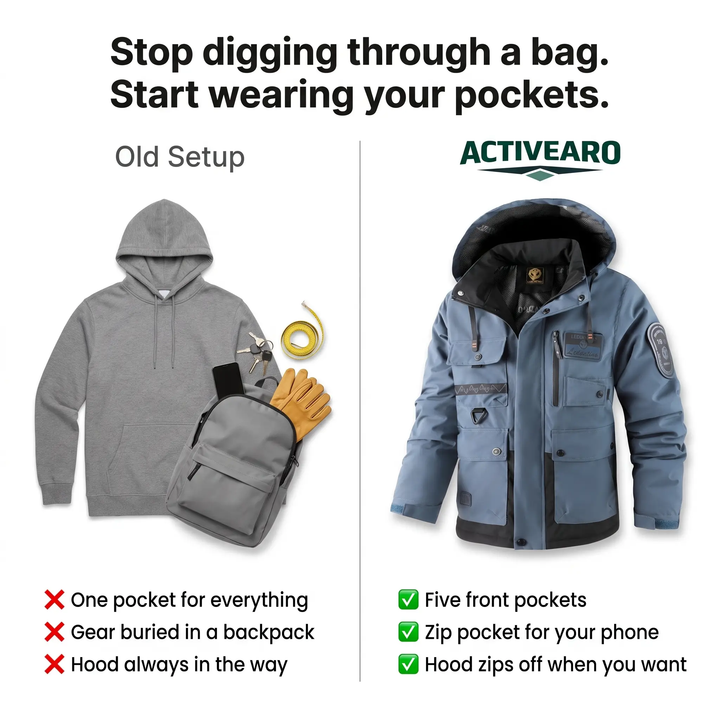 Multi-pocket windbreaker jacket vs a hoodie and backpack comparison