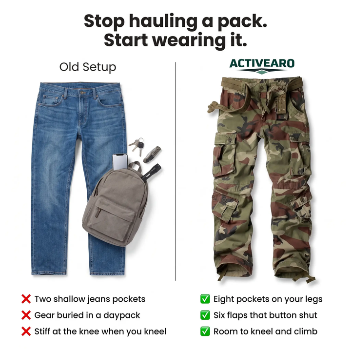 Camo cargo pants vs jeans and a daypack comparison