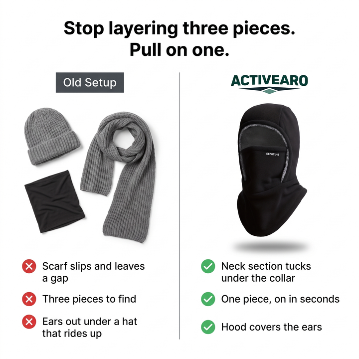 One balaclava hood instead of a hat, scarf and neck gaiter
