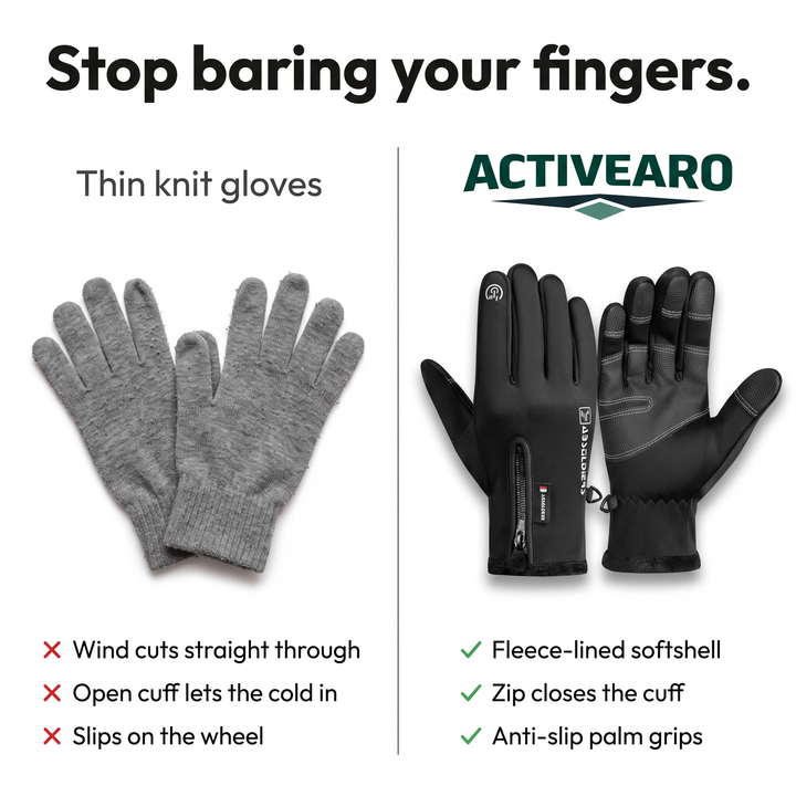 Thin knit gloves compared with fleece-lined softshell winter gloves with zip cuff and anti-slip palm