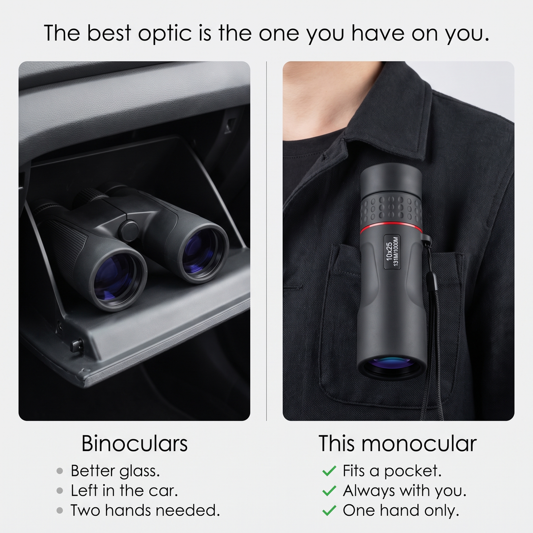 Binoculars left in the car compared with a monocular in a pocket