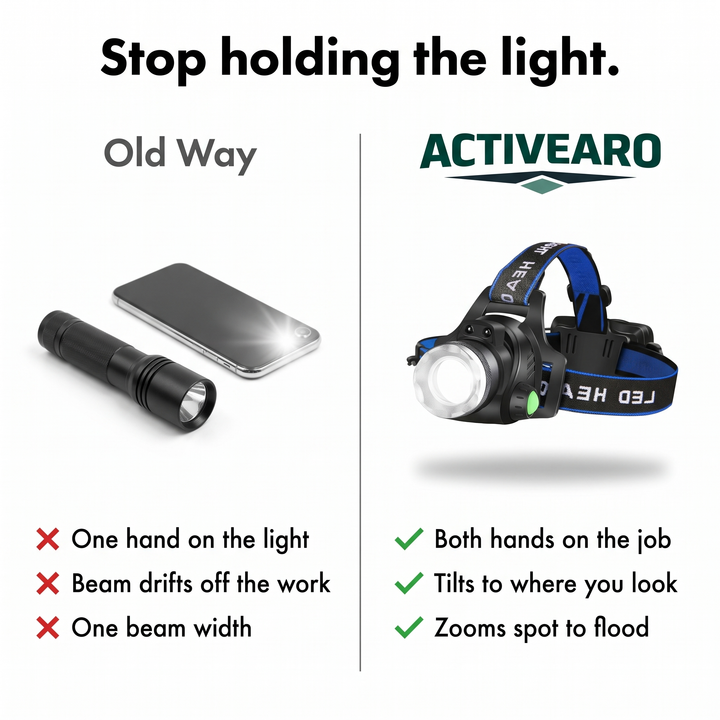 Comparison of a handheld flashlight and phone light against the Activearo headlamp