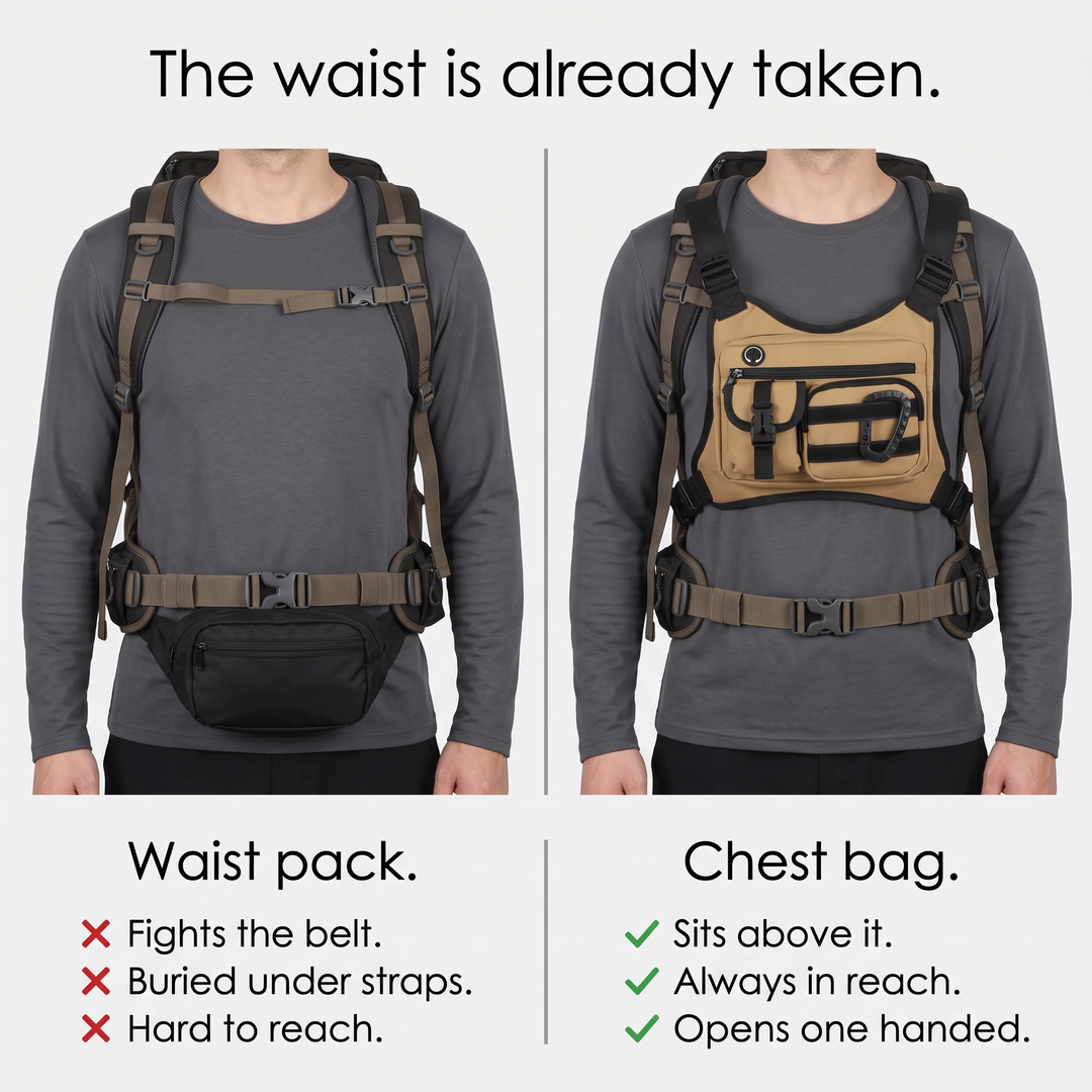 Waist pack under a hip belt compared with the chest bag above it