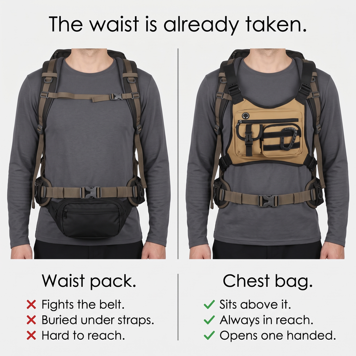 Waist pack under a hip belt compared with the chest bag above it