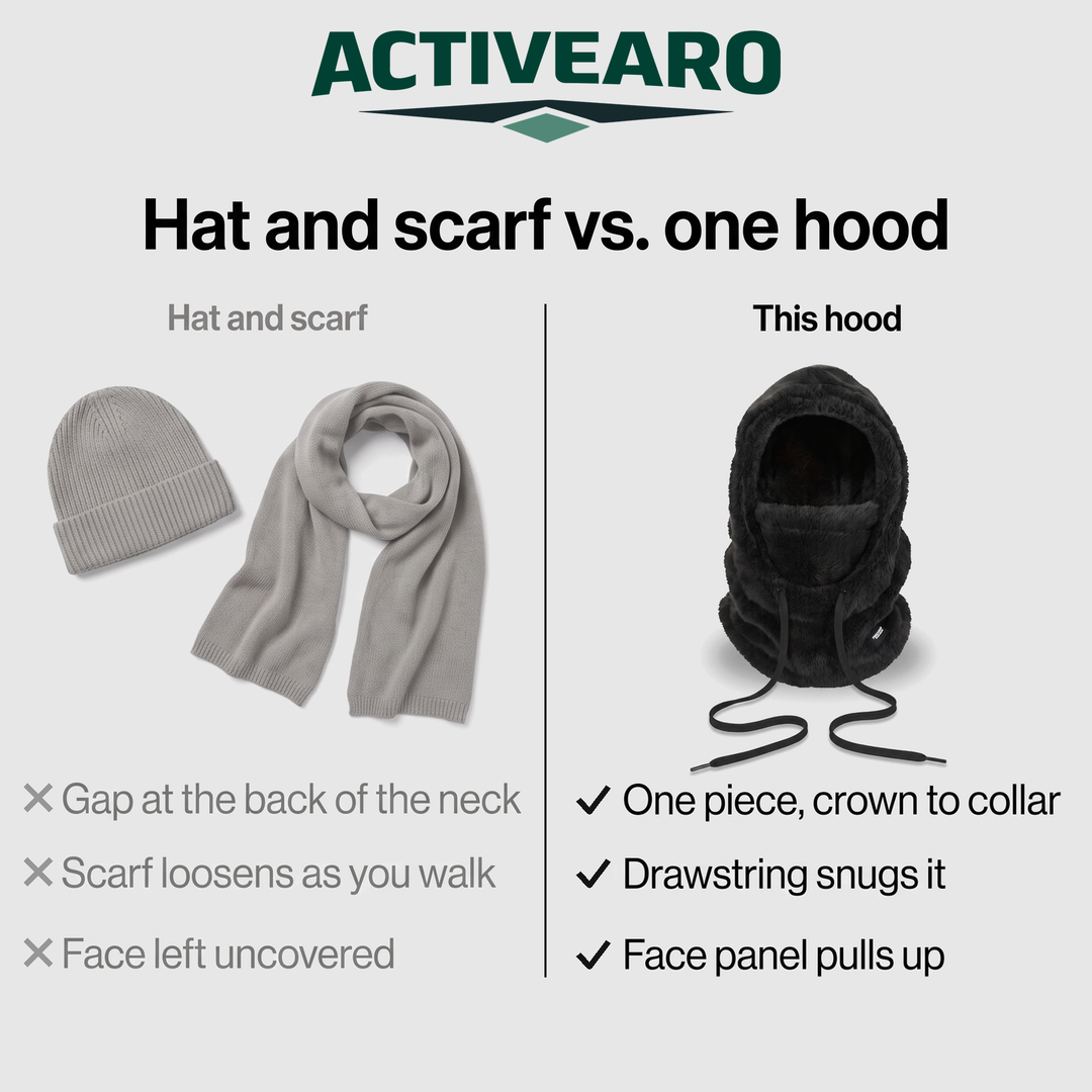 A separate hat and scarf compared with this one-piece hood