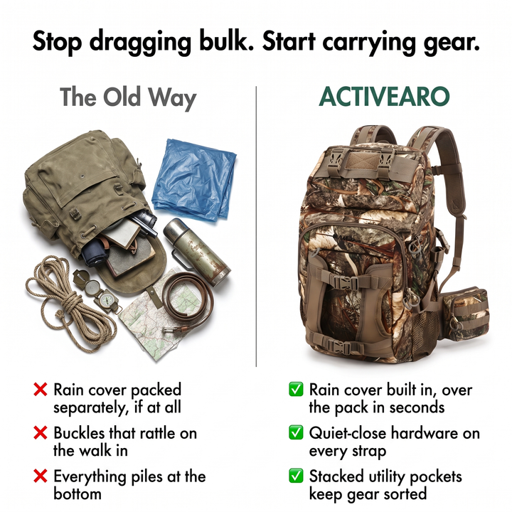 Camo hunting backpack compared with a separate rain poncho and loose gear