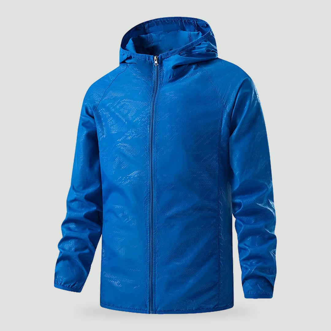 Lightweight rain jacket with hood in Blue, front view