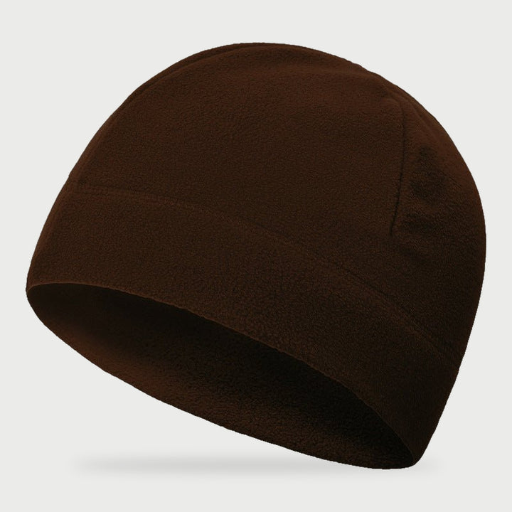 Brown fleece watch cap with a plain edge