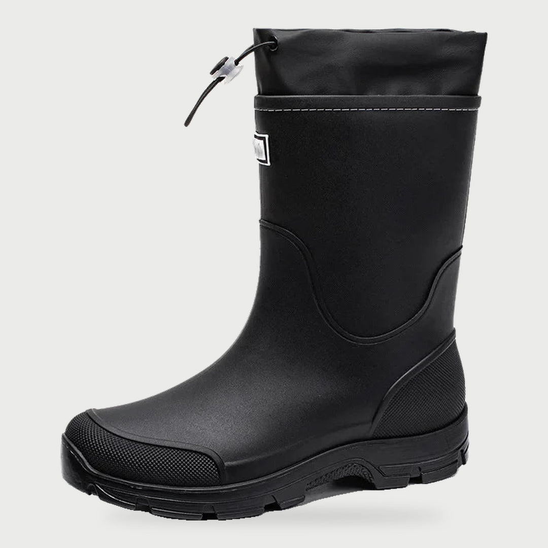 Men's waterproof rain boots in Black, mid calf PVC boot with drawcord collar