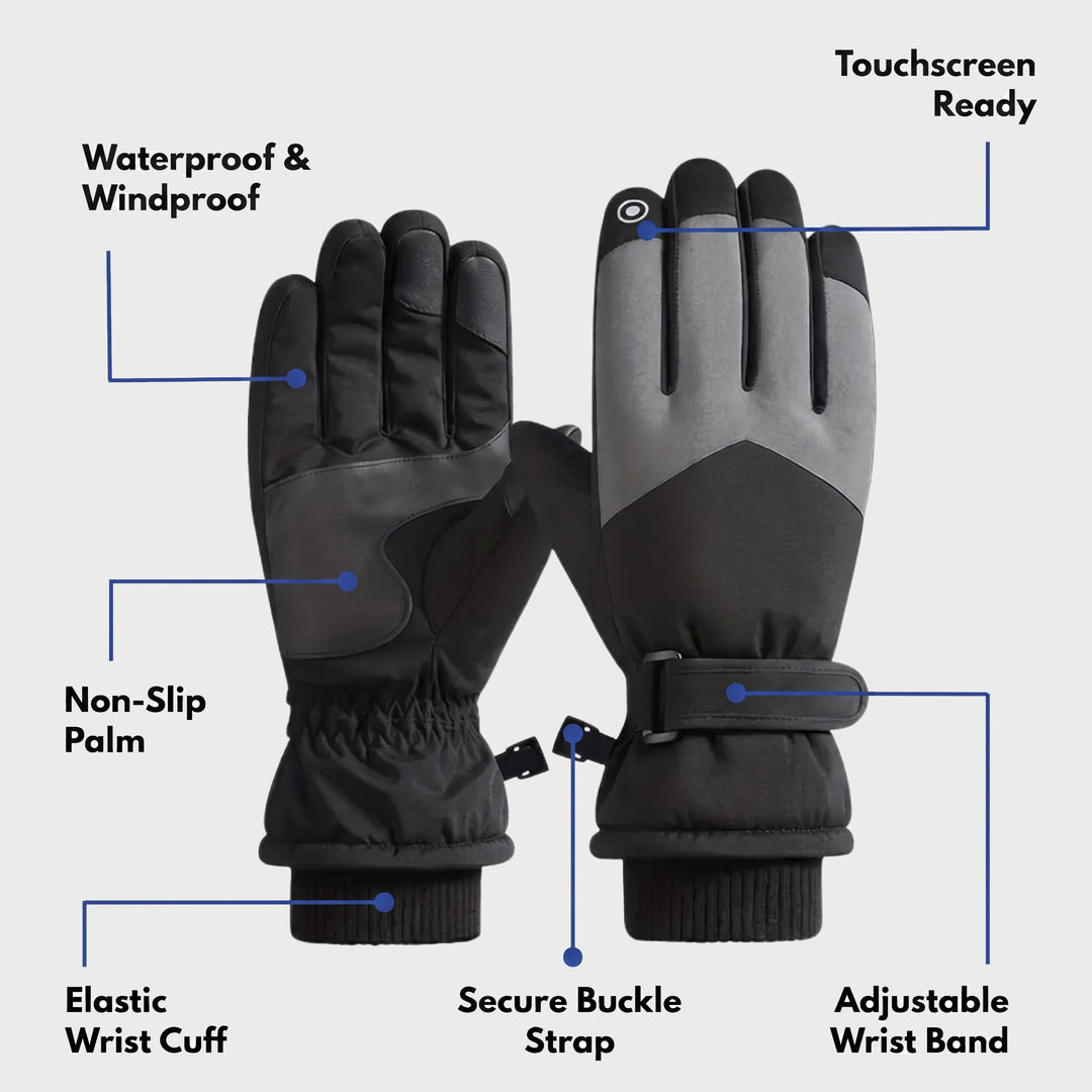 Ski glove features: waterproof and windproof shell, non-slip palm, buckle strap, elastic wrist cuff