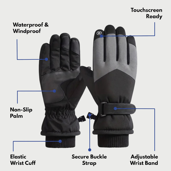 Ski glove features: waterproof and windproof shell, non-slip palm, buckle strap, elastic wrist cuff