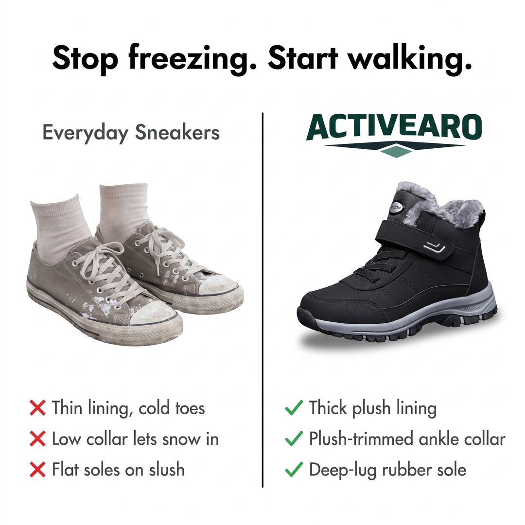 Winter boots compared with everyday sneakers in snow