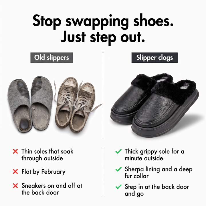 Comparison: old felt slippers and sneakers versus the slipper clogs