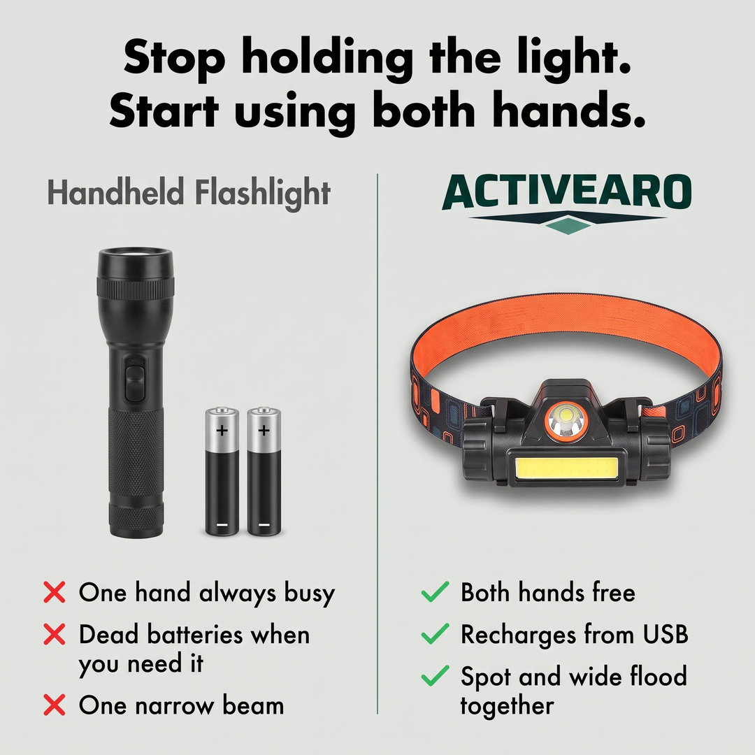 Handheld flashlight compared with hands-free headlamp