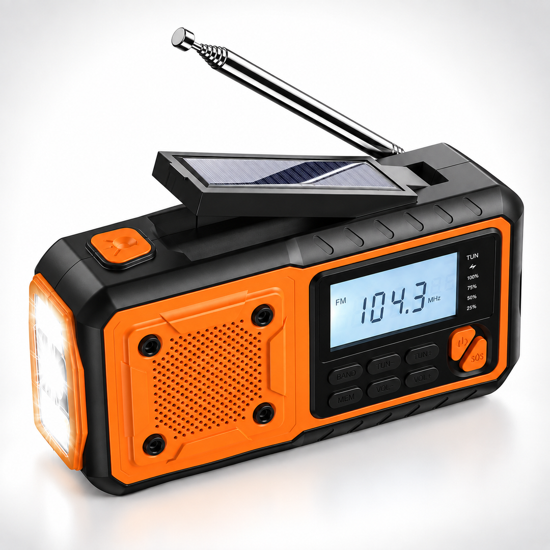 AM FM emergency radio with the solar panel raised