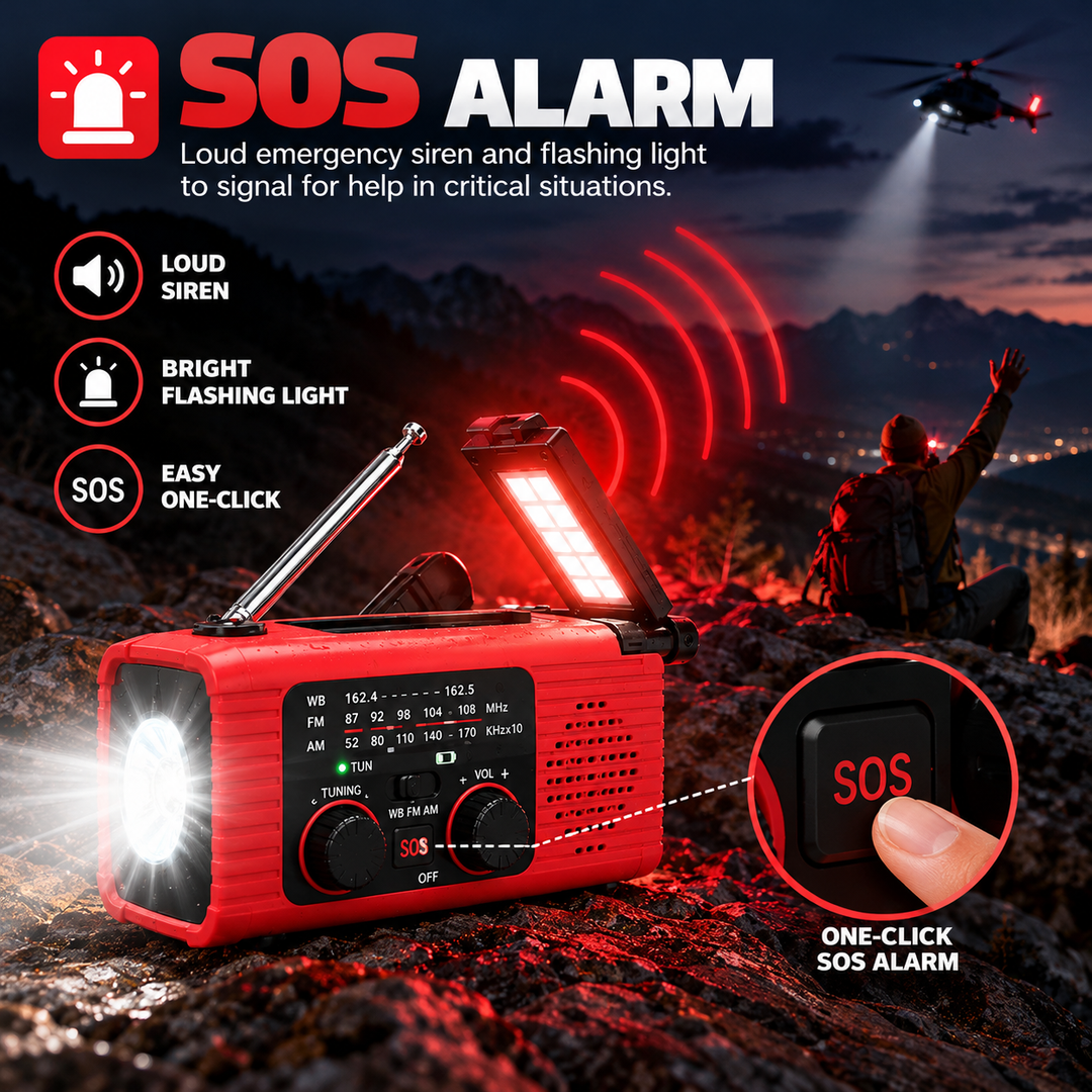 Weather radio SOS alarm with loud siren and flashing light