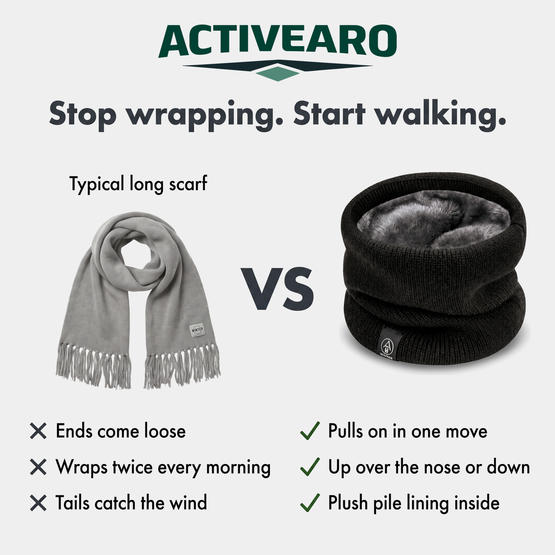 Winter scarf fleece lined knit neck warmer compared with a typical long scarf