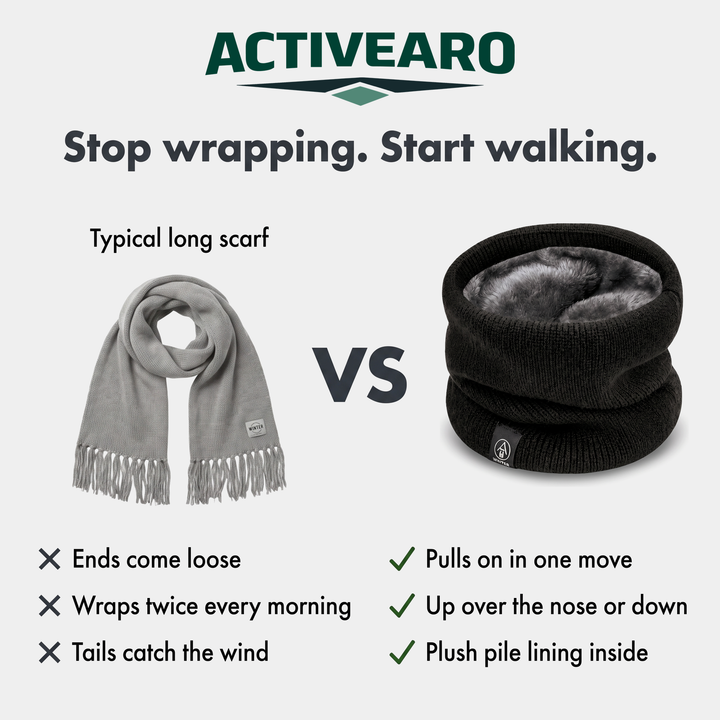 Winter scarf fleece lined knit neck warmer compared with a typical long scarf