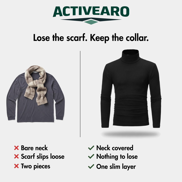 The turtleneck compared with a crew neck and a scarf
