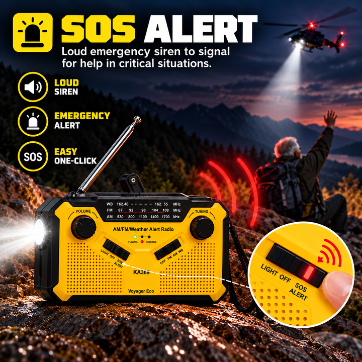 SOS alert setting on the wind up radio with a loud siren