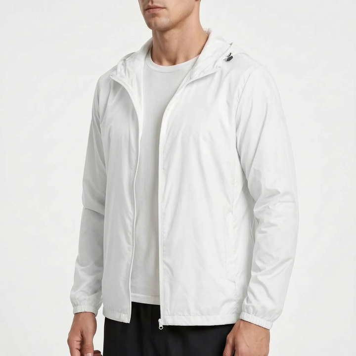 Men's packable jacket in White, worn, front view