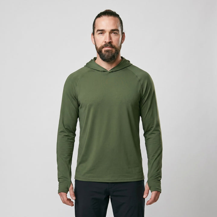 Men's UPF 50+ Sun Hoodie – Quick-Dry Polyester UV Top with Thumb Loops for Hiking and Fishing
