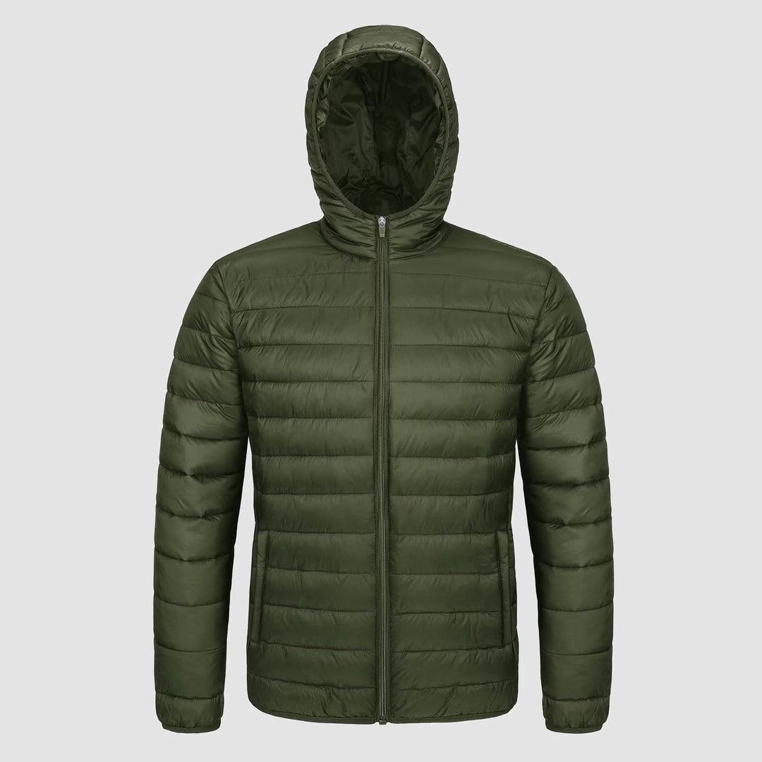Men's hooded puffer jacket in Army Green, front view