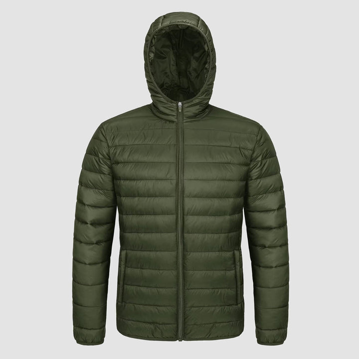 Men's hooded puffer jacket in Army Green, front view