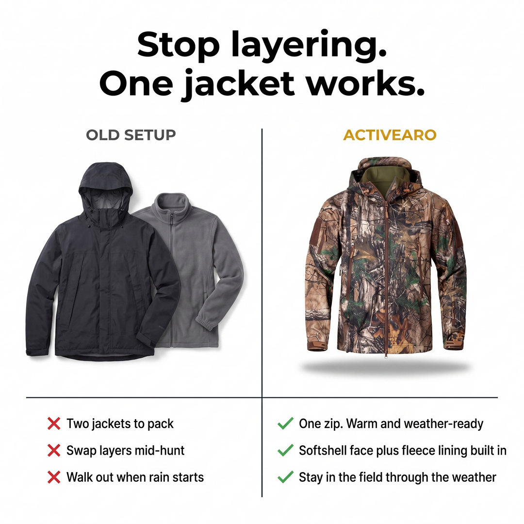 Stop layering. One jacket works. — comparison of old shell+fleece setup vs single camo hunting jacket