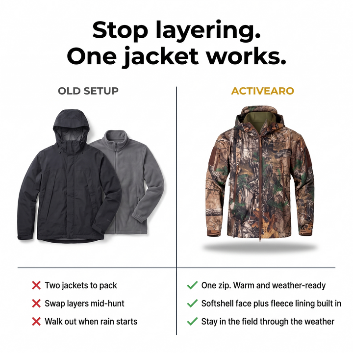 Stop layering. One jacket works. — comparison of old shell+fleece setup vs single camo hunting jacket