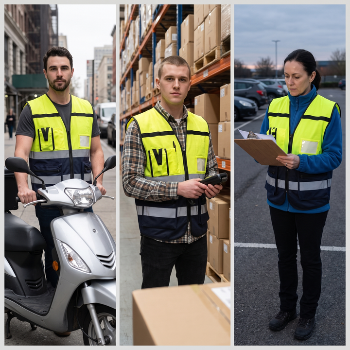 A rider, a warehouse worker and a parking lot attendant wearing the vest