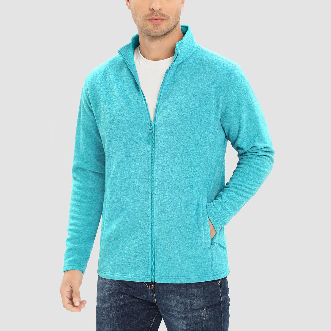 Men's full zip fleece jacket in Water Blue, worn, front view