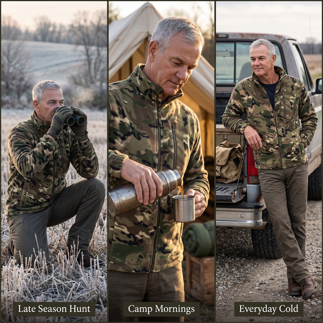 Three use cases for the camo fleece jacket late season hunt camp mornings and everyday cold