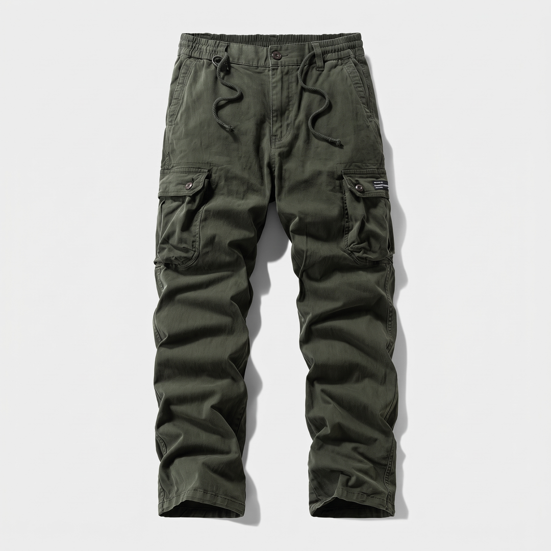 Men's cotton cargo pants in army green, front view, elastic drawcord waist with button and zip fly