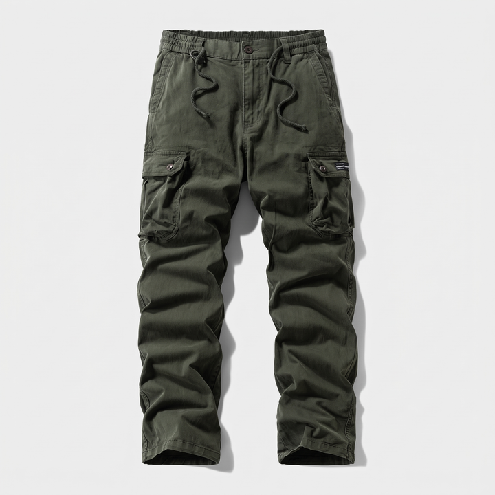 Men's cotton cargo pants in army green, front view, elastic drawcord waist with button and zip fly