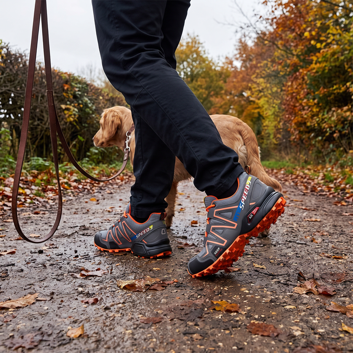 Man wearing Activearo trail running shoes on outdoor trail walk